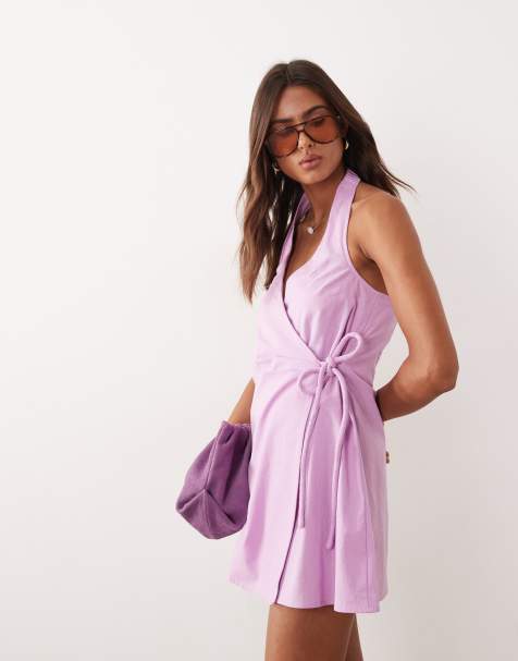 ASOS DESIGN - Lyslilla mini-sundress med halterneck og slå-om-snit i bomuldshør - view 1