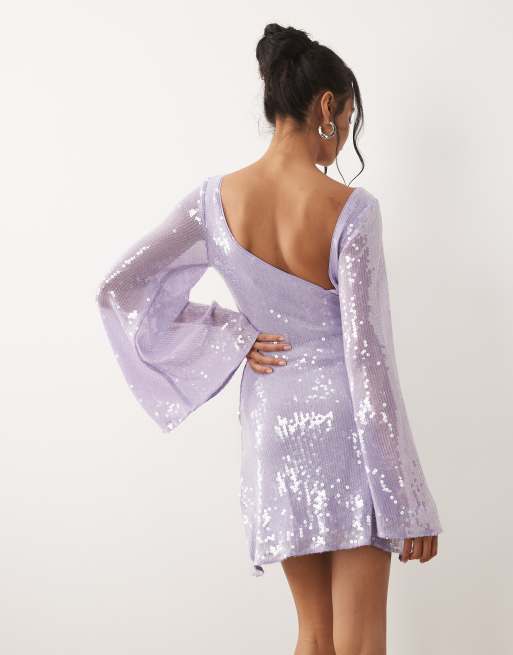 ASOS DESIGN - Lyslilla minikjole med pailletter og vandfaldsærmer, 3 af 4
