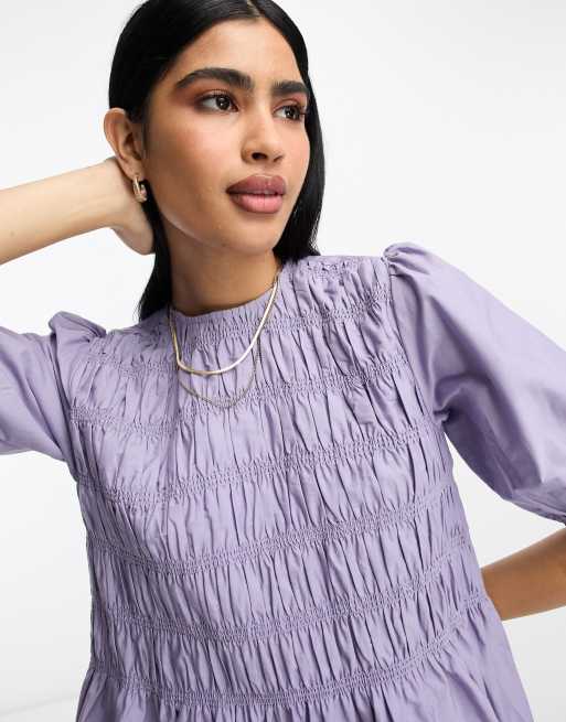 ASOS DESIGN - Lyslilla smock-minikjole med rynker og pufærmer i bomuld, 4 af 4