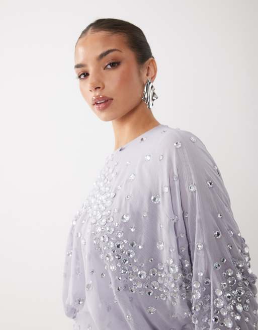 ASOS DESIGN - Lyslilla udsmykket maxikjole med blouson-overdel samt indsyninger og flagermusærmer, 4 af 4