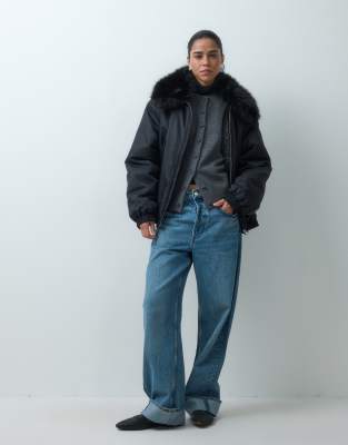 Asos Design Ma1 Bomber Jacket With Faux Fur Trim In Blue