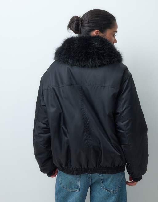 ASOS DESIGN MA1 bomber jacket with faux fur trim in black, 4 of 4