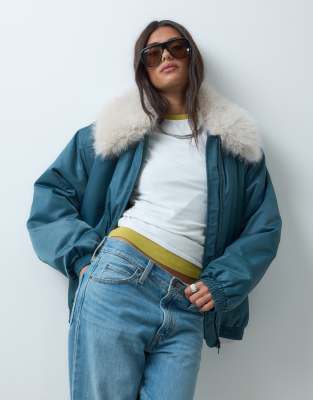 Asos Design Ma1 Bomber Jacket With Natural Faux Fur Trim In Green
