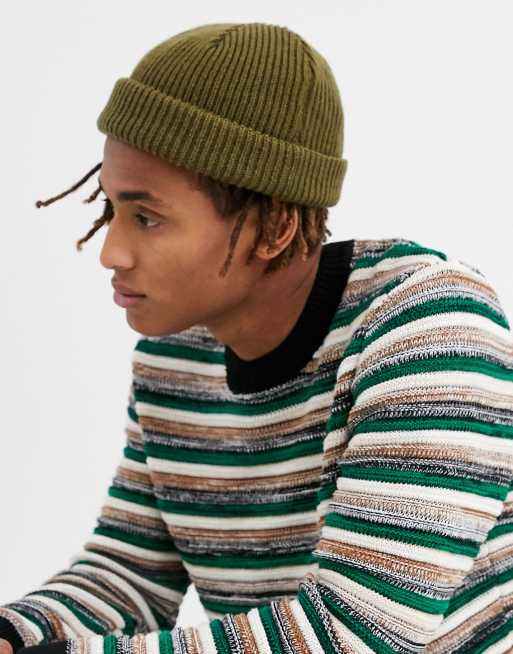 ASOS DESIGN – Mała czapka fisherman typu beanie khaki wysokiej jakości z wełnianej przędzy