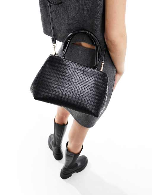 ASOS DESIGN – Mała pleciona torba typu tote z odpinanym paskiem crossbody w czarnym kolorze