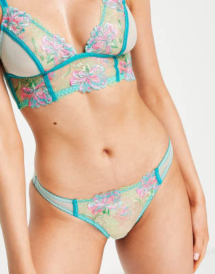 ASOS DESIGN Mable premium embroidered floral brief with picot trim in teal-Green