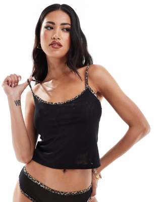 ASOS DESIGN - Mackenzie - Camisole aus Netzstoff in Schwarz mit Leopardenbesatz