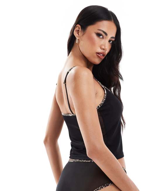 ASOS DESIGN – Mackenzie – Camisole aus Netzstoff in Schwarz mit Leopardenbesatz, 3 von 4