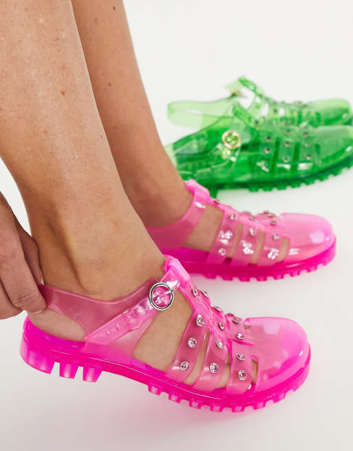 ASOS DESIGN Mackenzie gem fisherman jelly flat shoes in pink ASOS