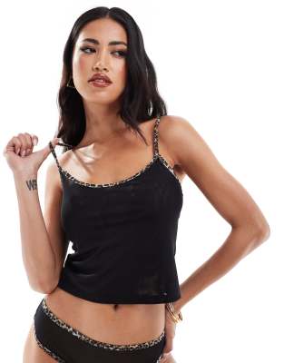 Asos Design Mackenzie Mesh Cami With Leopard Trim In Black