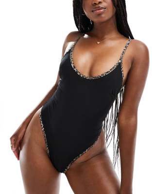 Mackenzie mesh soft bodysuit with leopard trim in black