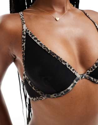 Asos Design Mackenzie Mesh Underwire Bra With Leopard Trim In Black