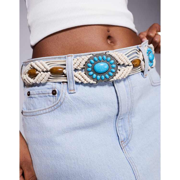 ASOS DESIGN macrame belt in natural with turquoise stone | ASOS display picture 1