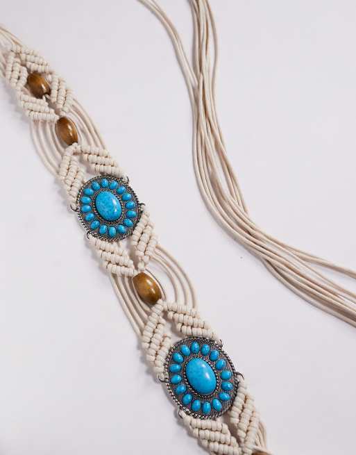 ASOS DESIGN macrame belt in natural with turquoise stone, 3 of 3