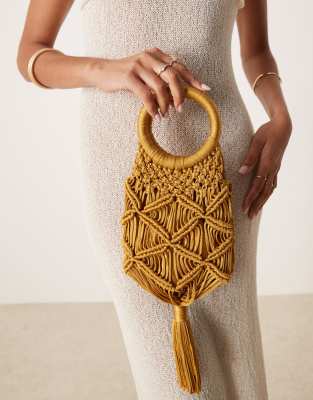 Asos Design Macrame Clutch With Tassel Detail In Gold