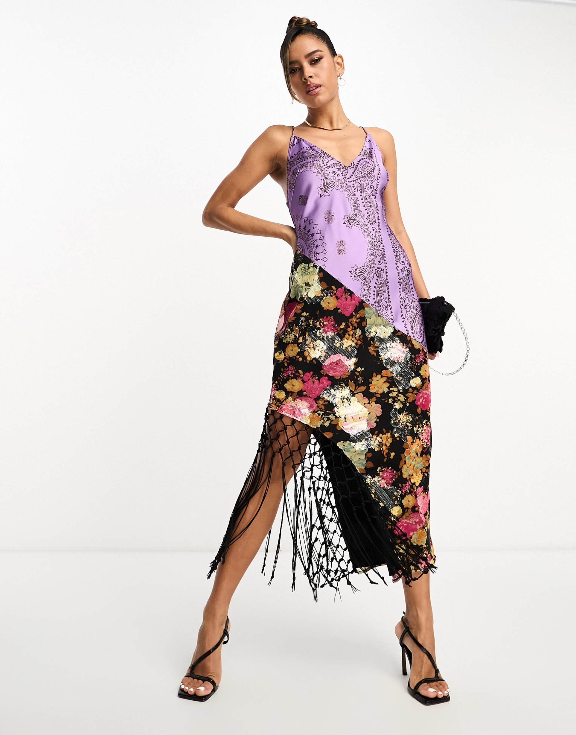 asos design macrame detail maxi slip dress in mixed metallic prints