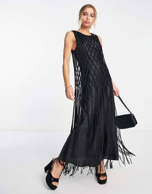 Black silk long nightgown with macramé