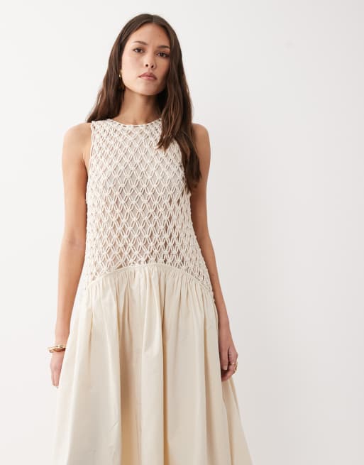 ASOS DESIGN macrame dropped waist maxi dress with poplin skirt in ecru, 2 of 4