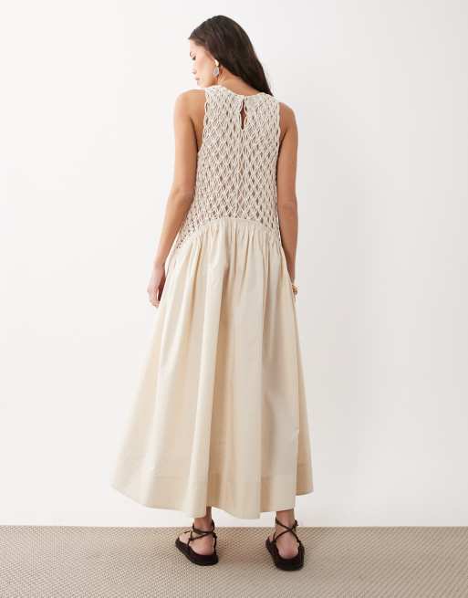 ASOS DESIGN macrame dropped waist maxi dress with poplin skirt in ecru, 4 of 4