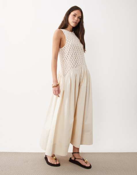 ASOS DESIGN macramé dropped waist midaxi dress with poplin skirt in ecru - view 1