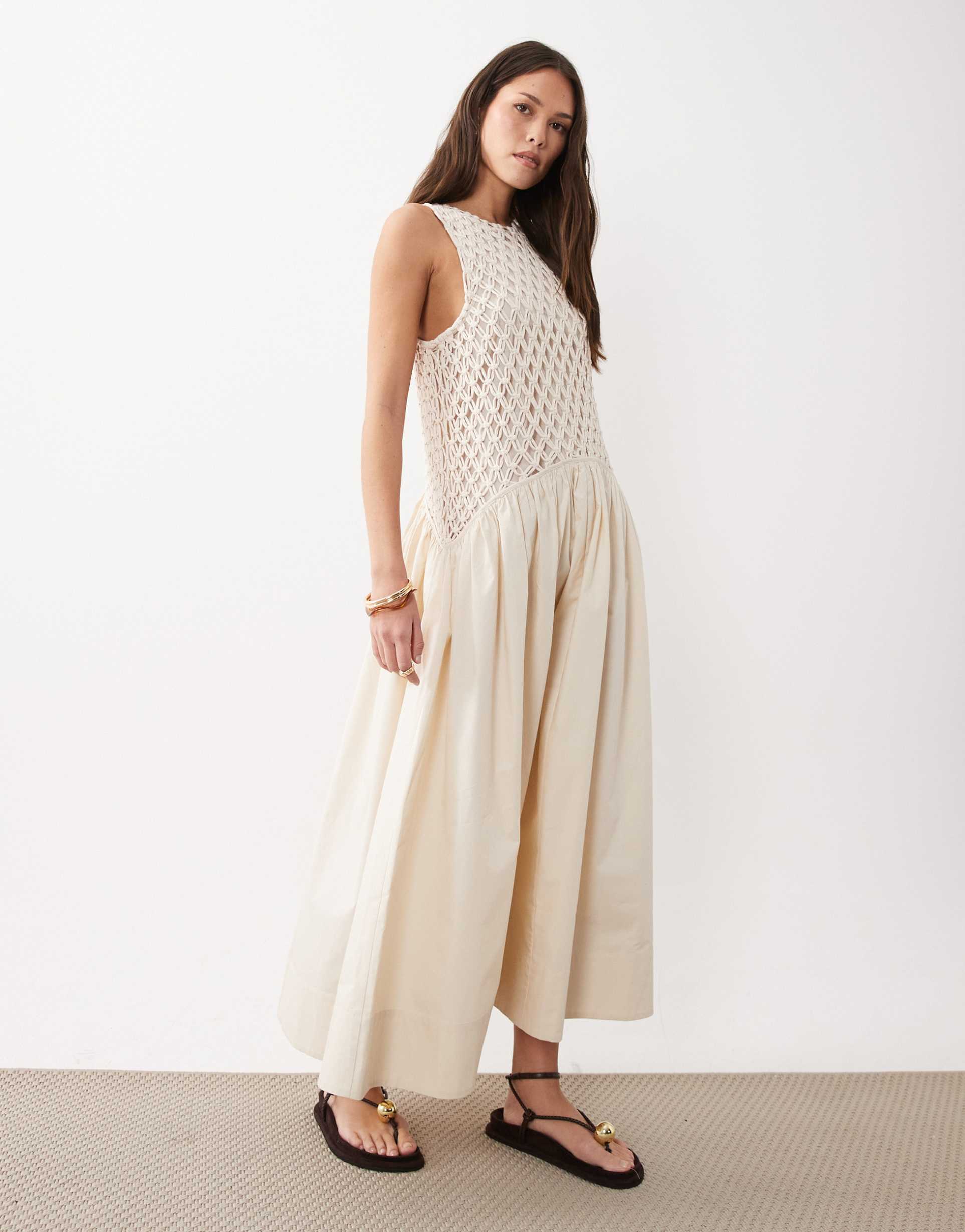 asos design macramé dropped waist midaxi dress with poplin skirt in ecru