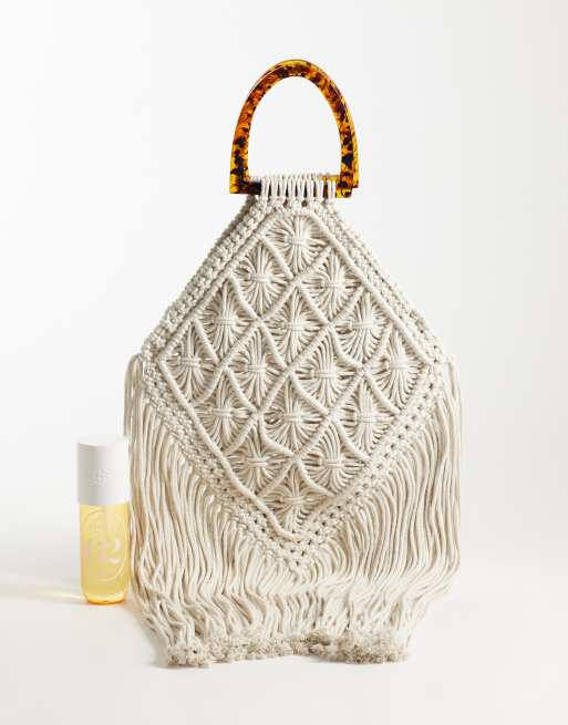 ASOS DESIGN macrame fringe tote bag in natural, 2 of 4