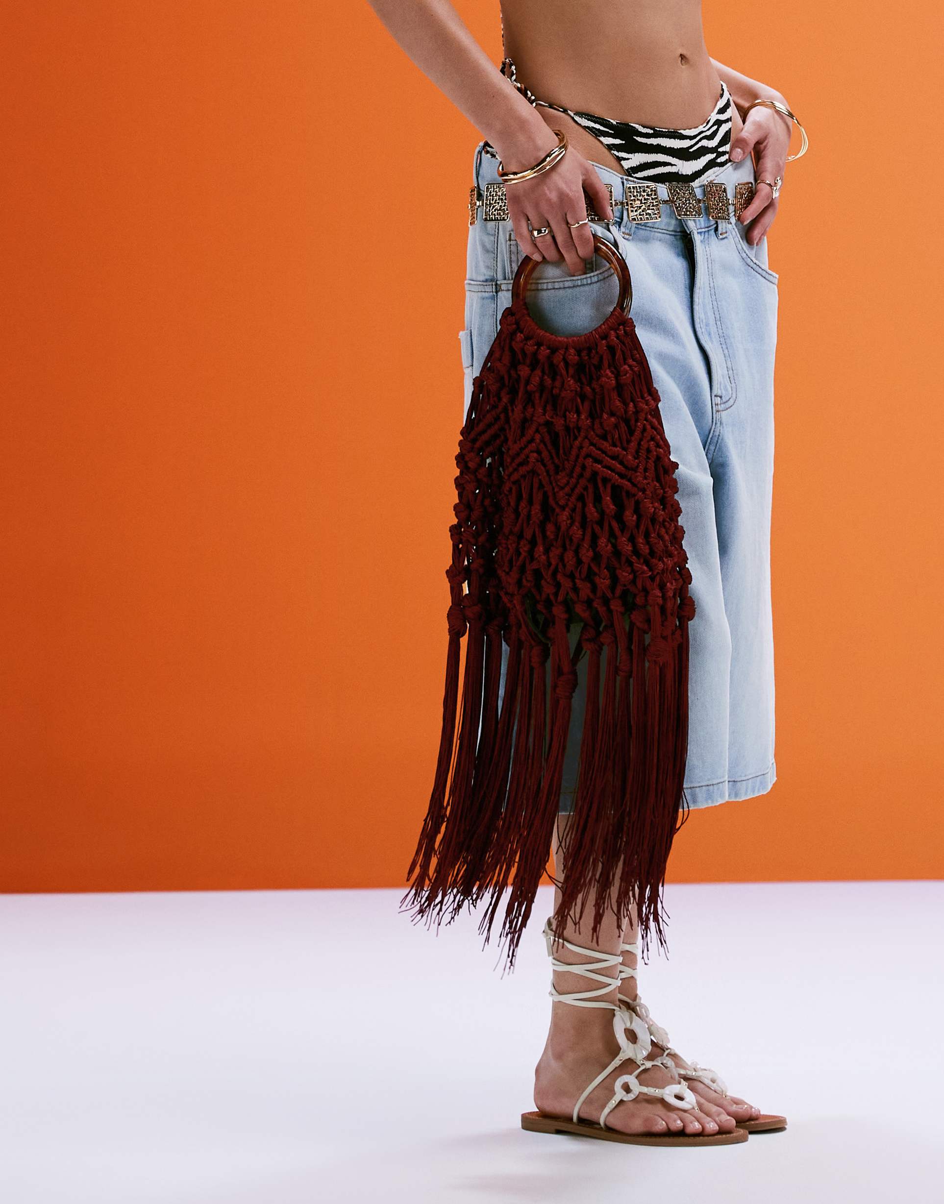 asos design macrame grab bag with resin handle in burgundy