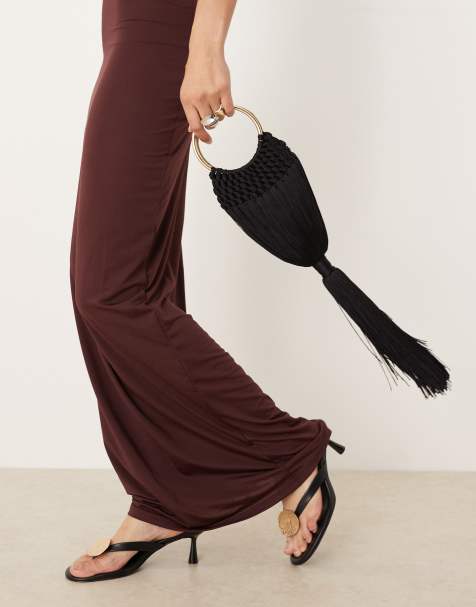 ASOS DESIGN macrame grab clutch with tassel detail in black - view 1