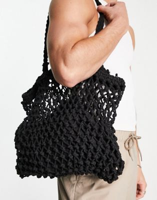 ASOS DESIGN macrame knitted tote bag in black  | ASOS