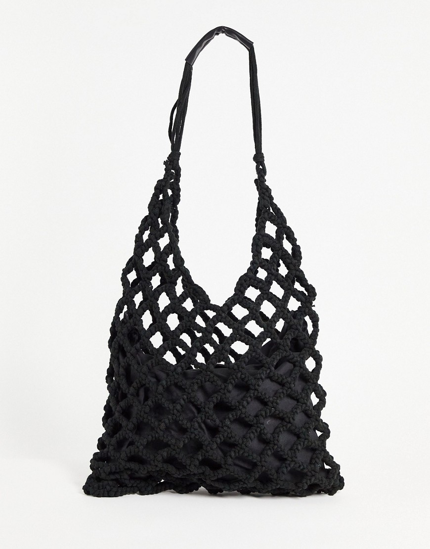 ASOS DESIGN macrame knotted tote bag with inner compartment in black