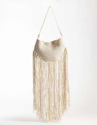 Asos Design Macrame Shoulder Bag With Fringe Detail In Neutral