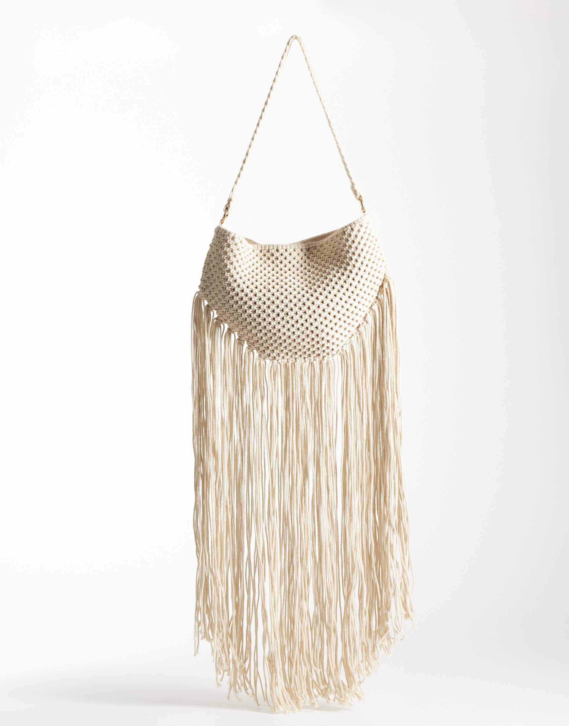 asos design macrame shoulder bag with fringe detail in neutral