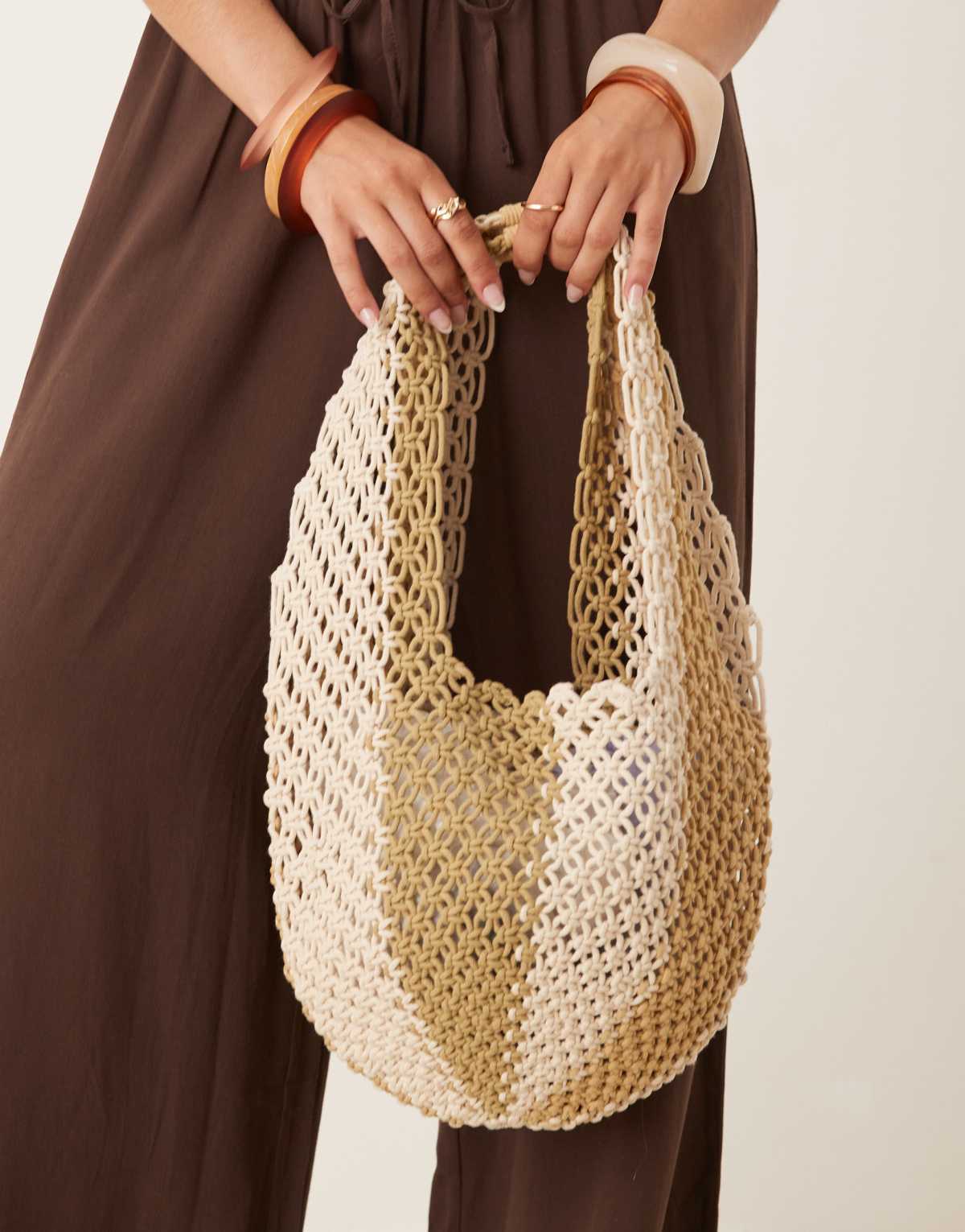 ASOS DESIGN macrame vertical stripe crochet slouch tote bag in neutral
