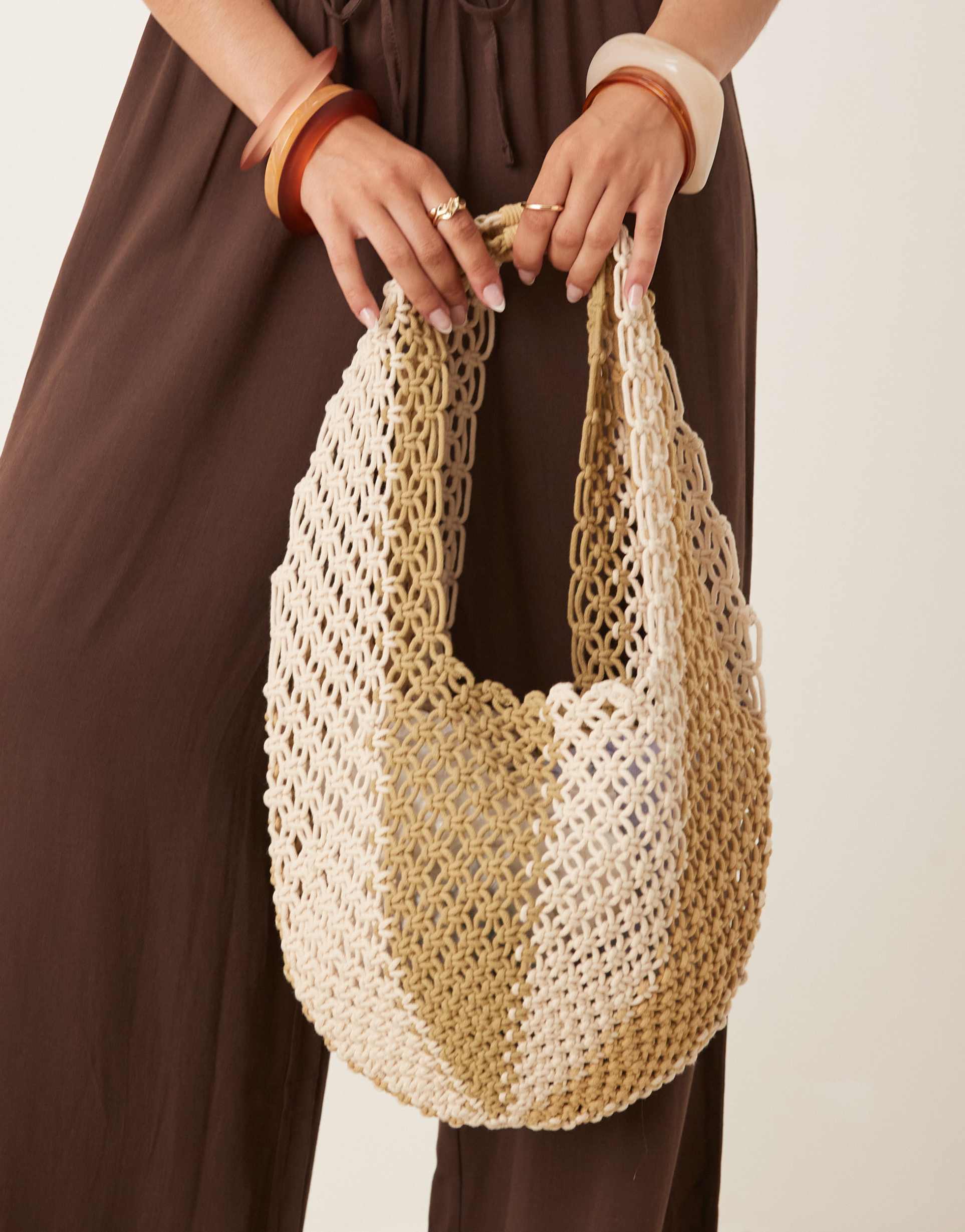 asos design macrame vertical stripe crochet slouch tote bag in neutral