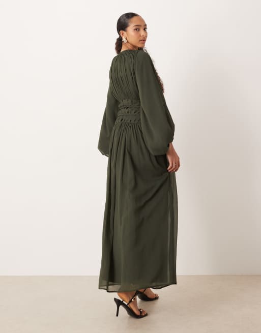 ASOS DESIGN macrame waisted maxi dress in dark khaki, 3 of 4