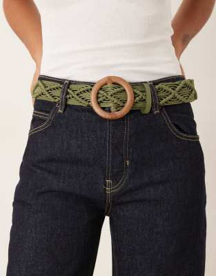 Asos Design Macrame Weave Belt With Buckle In Green