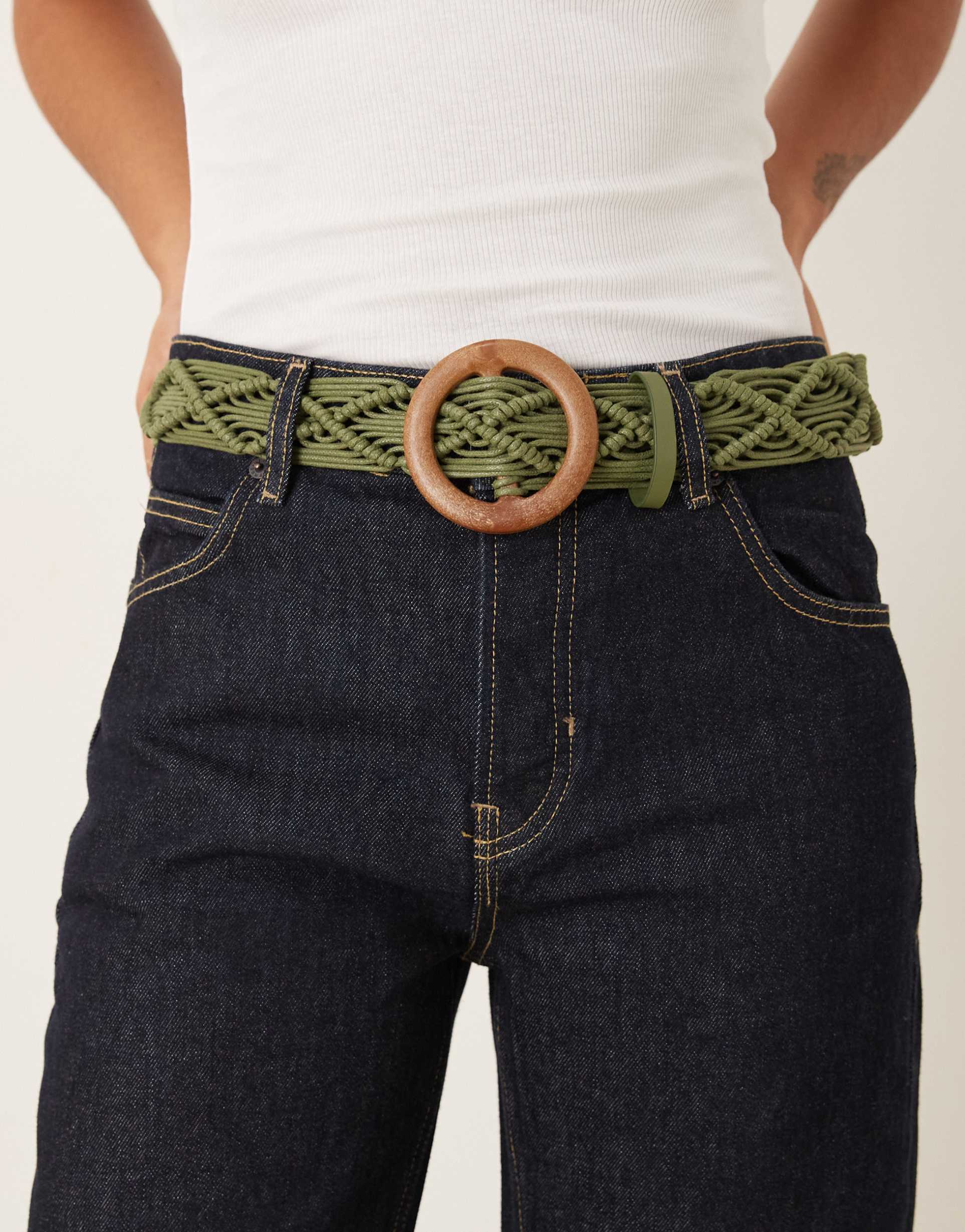 asos design macrame weave belt with buckle in khaki