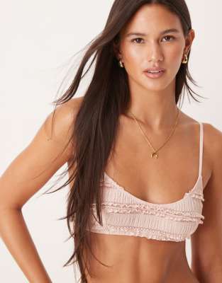 ASOS DESIGN - Maeve - Soutien-gorge crop top sans armatures en tissu texturé à volants - Vieux rose
