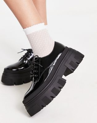 ASOS DESIGN Magda chunky lace up flat shoes in black patent