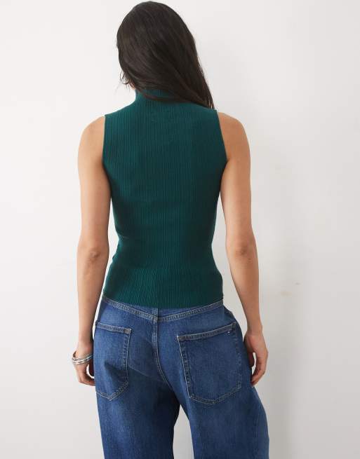 ASOS DESIGN maglia a coste sfumata senza maniche con collo a imbuto verde bosco, 4 di 4
