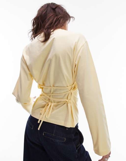 ASOS DESIGN - Maglia a maniche lunghe stile corsetto gialla con allacciatura sul retro, 3 di 4