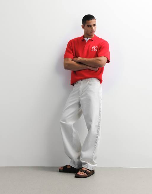 ASOS DESIGN - Maglia comoda lavorata rossa con intaglio sul collo e grafica, 4 di 7