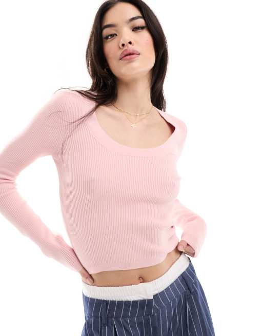 ASOS DESIGN - Maglia con scollo rotondo in filato sottile a coste rosa
