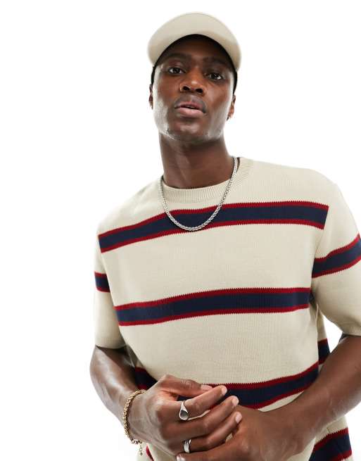 ASOS DESIGN - Maglia girocollo vestibilità comoda color pietra a righe blu navy e rosso