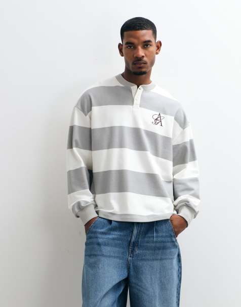 ASOS DESIGN maglia henley oversize a righe con ricamo sul petto in écru - view 1