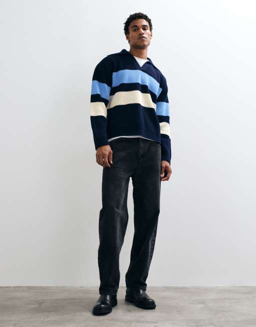 ASOS DESIGN maglia oversize a righe con scollo a intaglio navy, 3 di 5