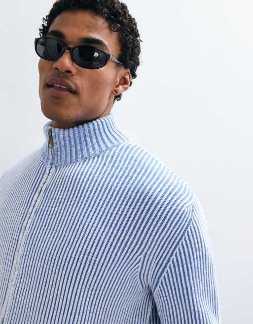 ASOS DESIGN maglia oversize con zip integrale e collo a imbuto a coste in blu chiaro, 2 di 5