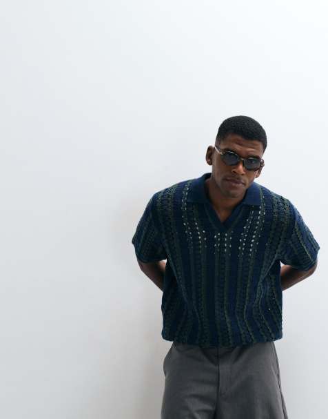 ASOS DESIGN - Maglia oversize testurizzata a righe blu navy e verde con intaglio sul collo - view 1