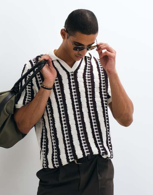 ASOS DESIGN - Maglia oversize testurizzata a righe écru con intaglio sul collo, 3 di 10
