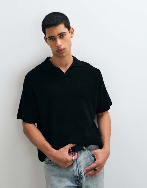 ASOS DESIGN maglia relaxed airtex con scollo a intaglio nera, 1 di 5